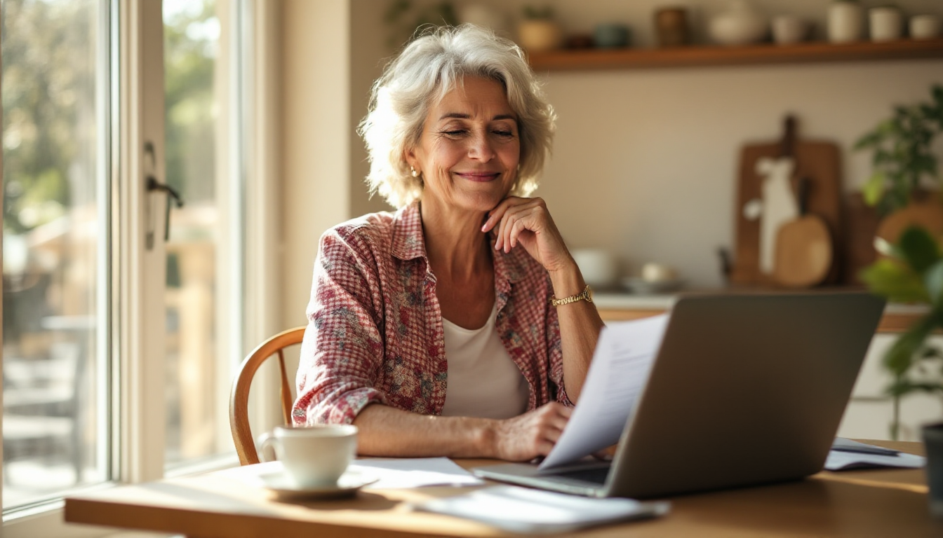 A woman reviewing her Medicare paperwork at home